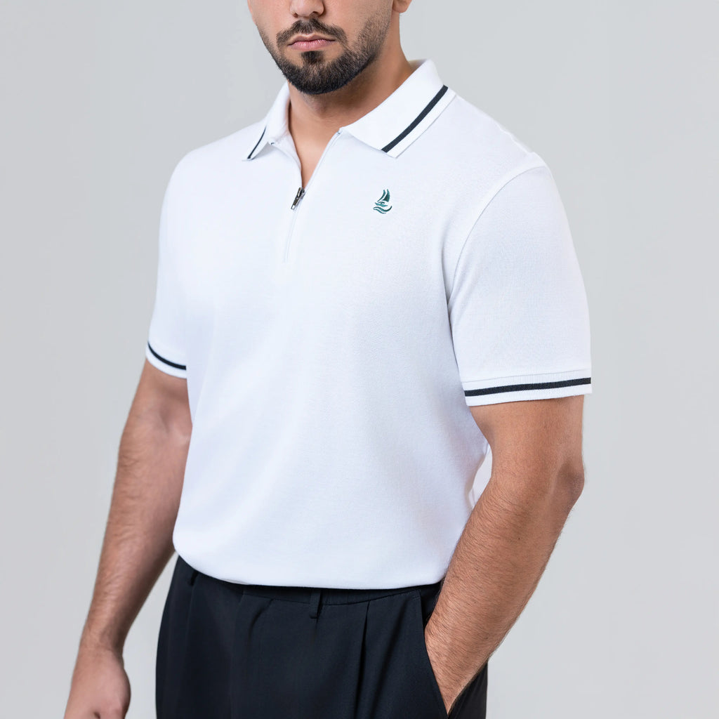 Men’s White Zipper Polo Shirt With Black Tipping