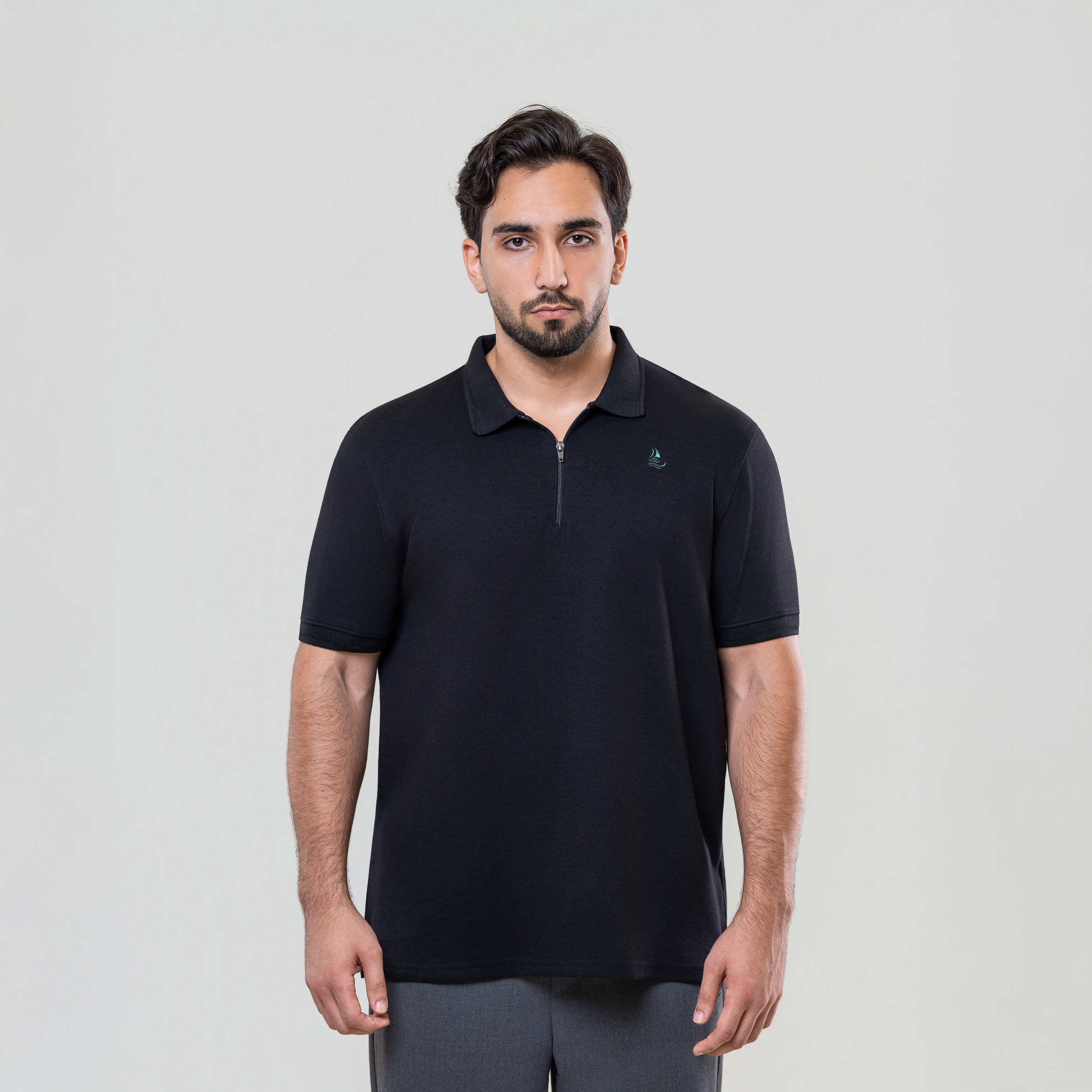 Men’s Black Interlock Fabric Polo – Zipper Front