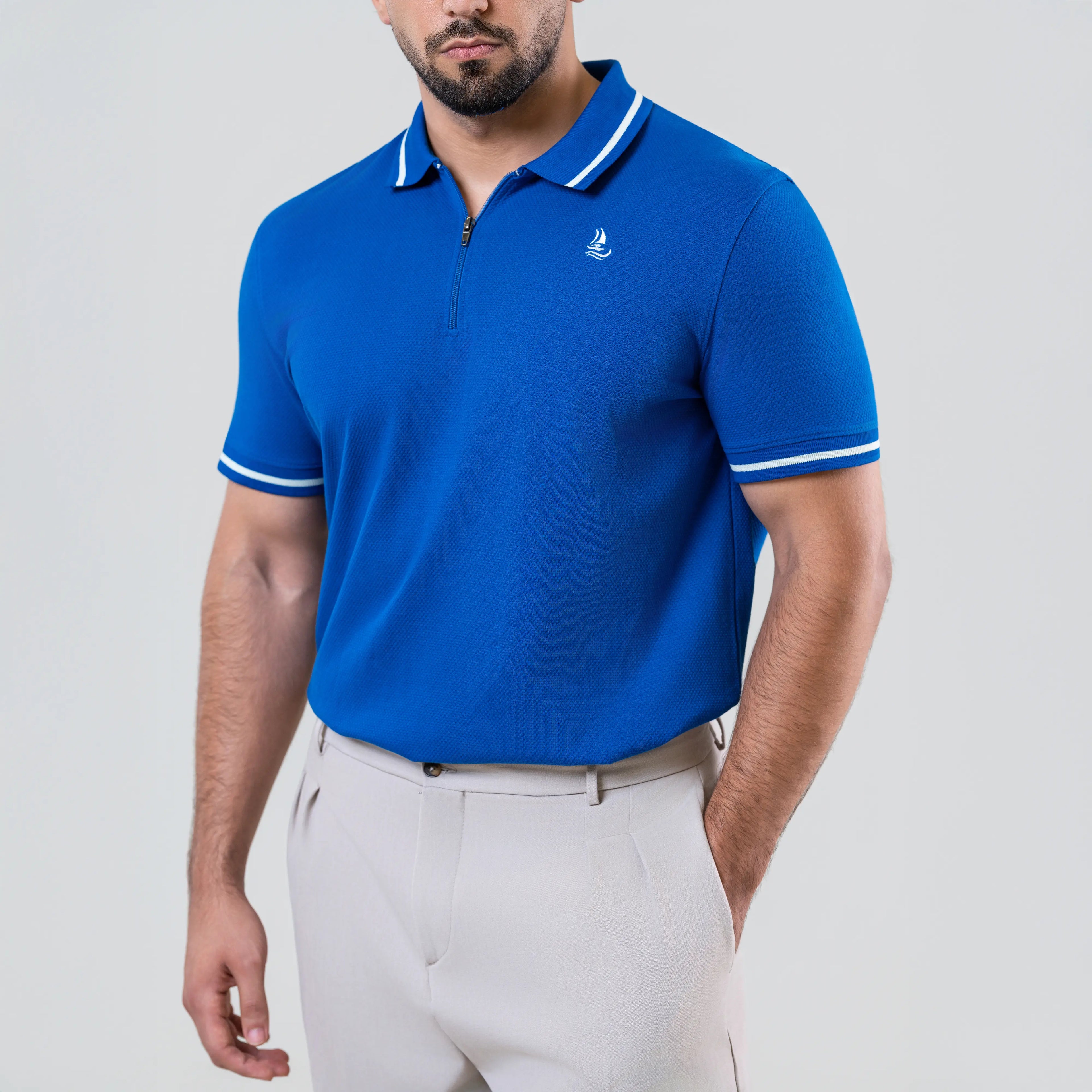 Men’s Blue Popcorn Polo Shirt with White Tipping