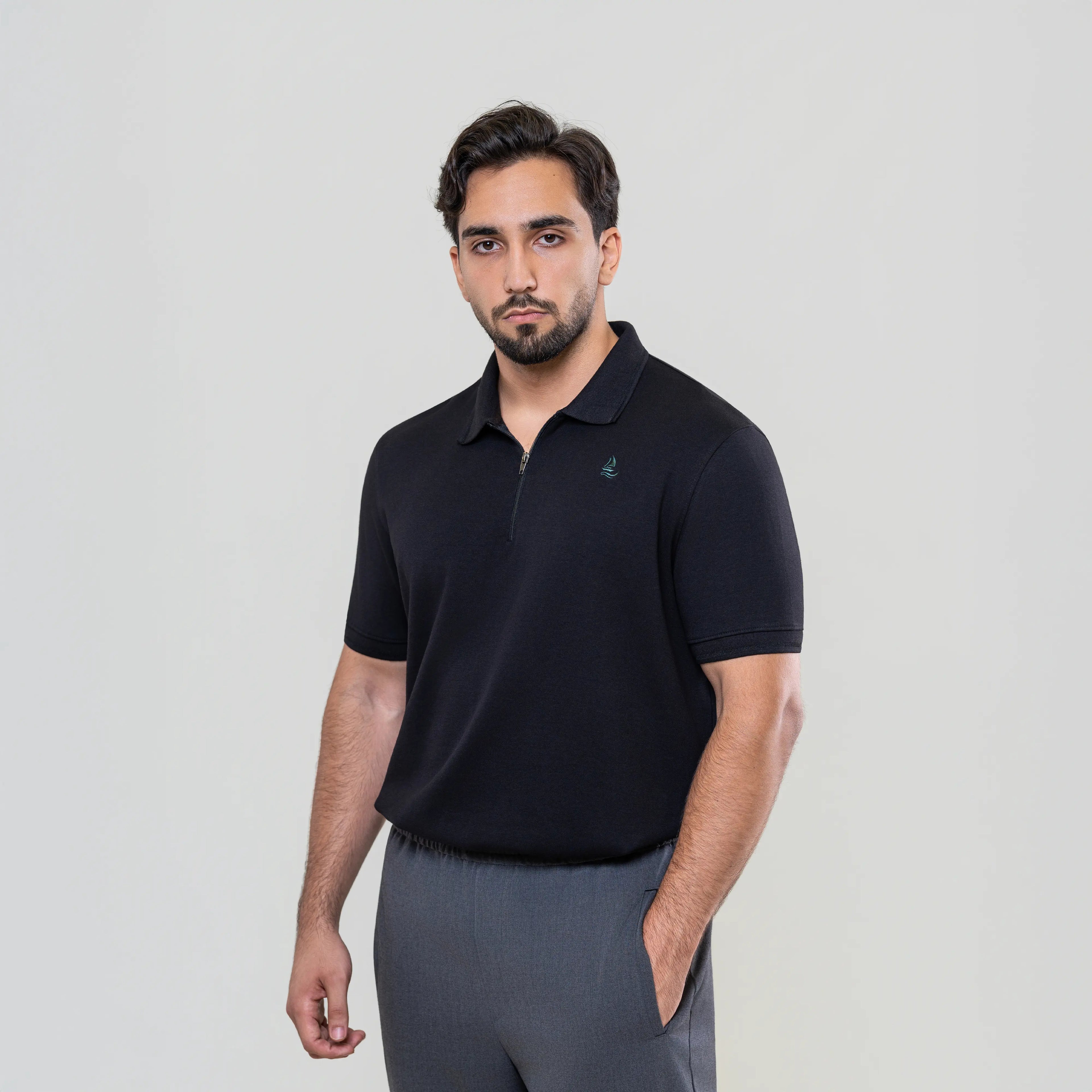 Men’s Black Interlock Fabric Polo – Zipper Front
