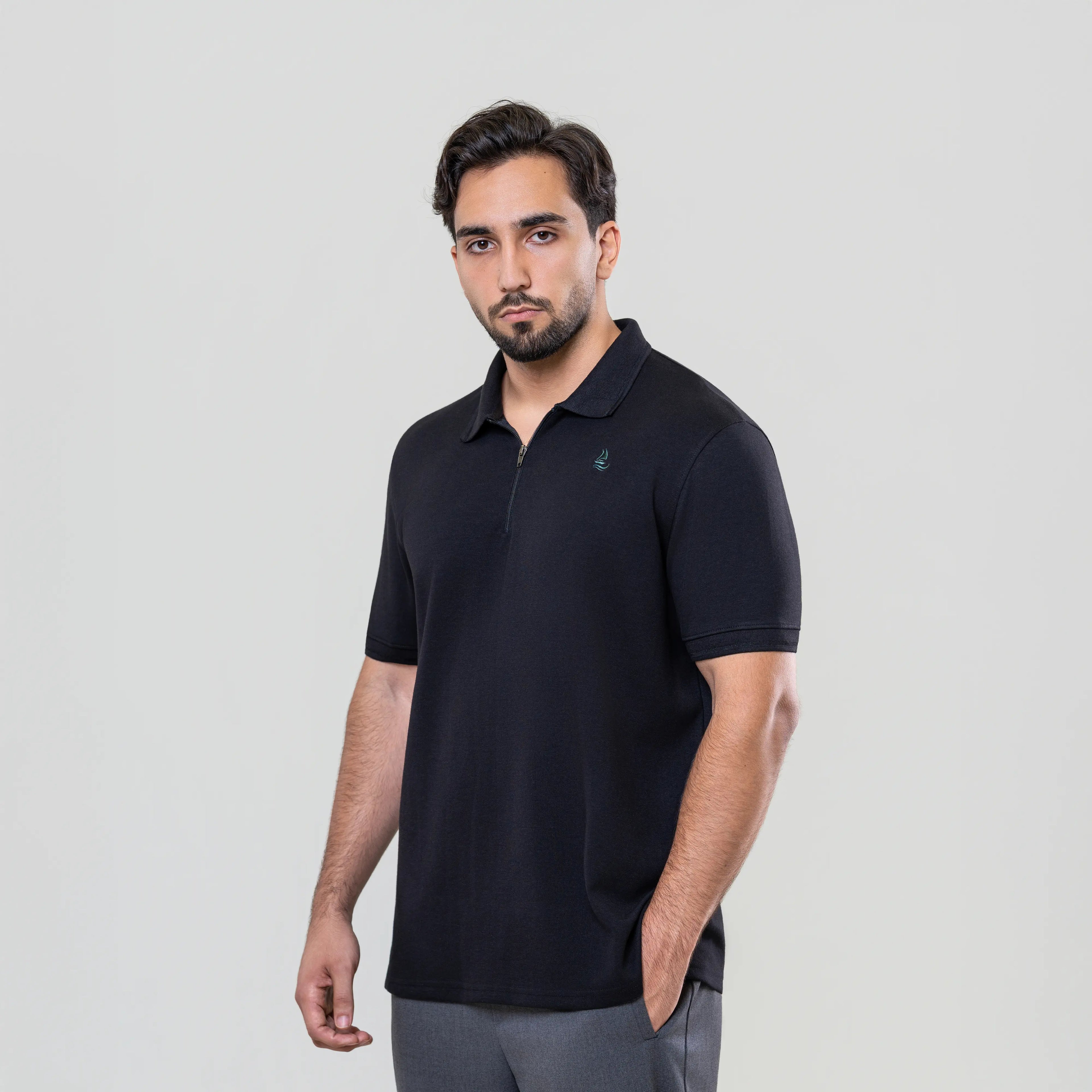 Men’s Black Interlock Fabric Polo – Zipper Front