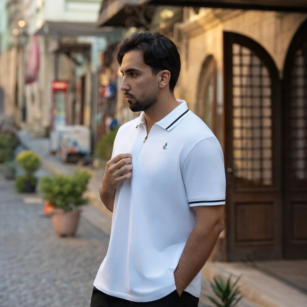 Men’s White Zipper Polo Shirt With Black Tipping