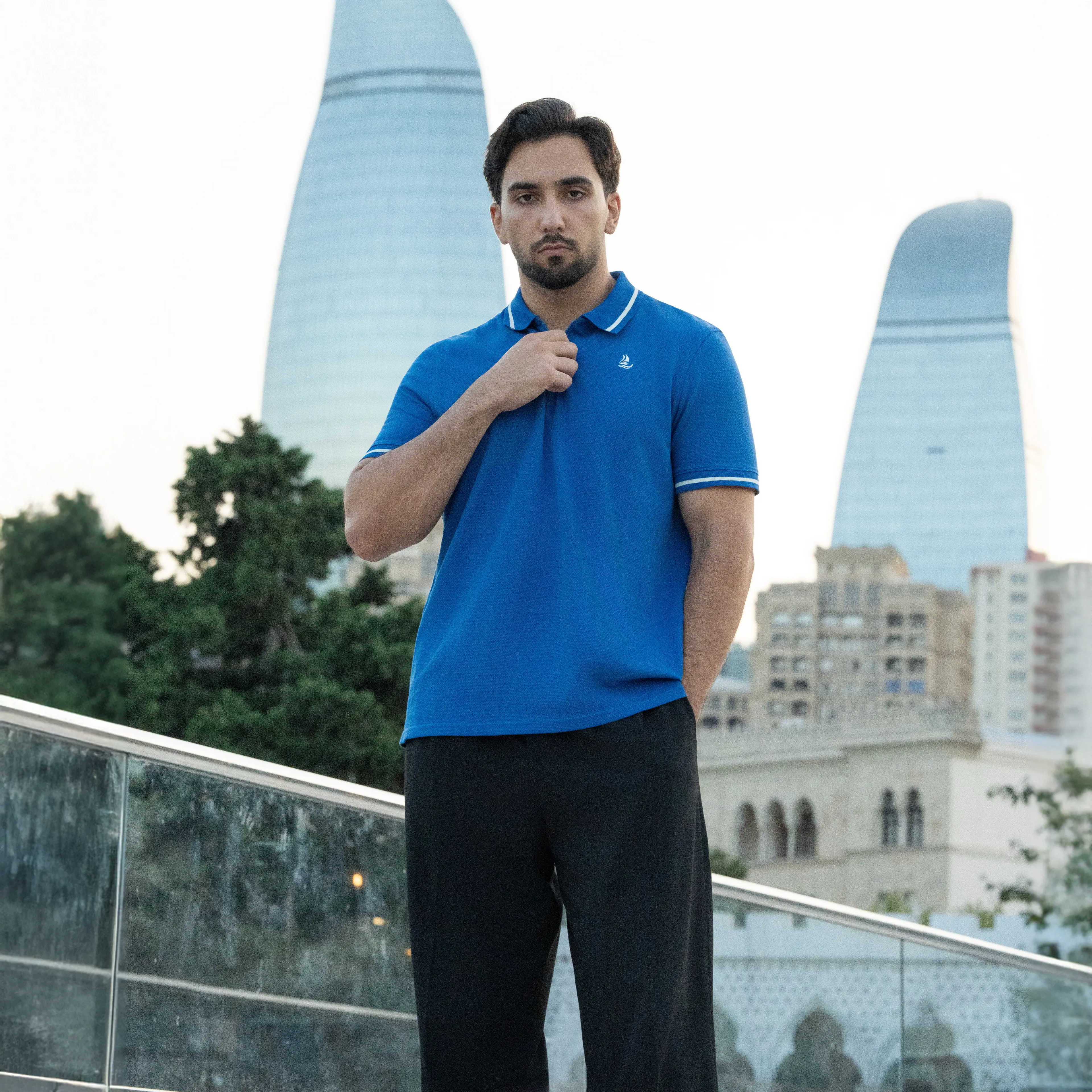 Men’s Blue Popcorn Polo Shirt with White Tipping