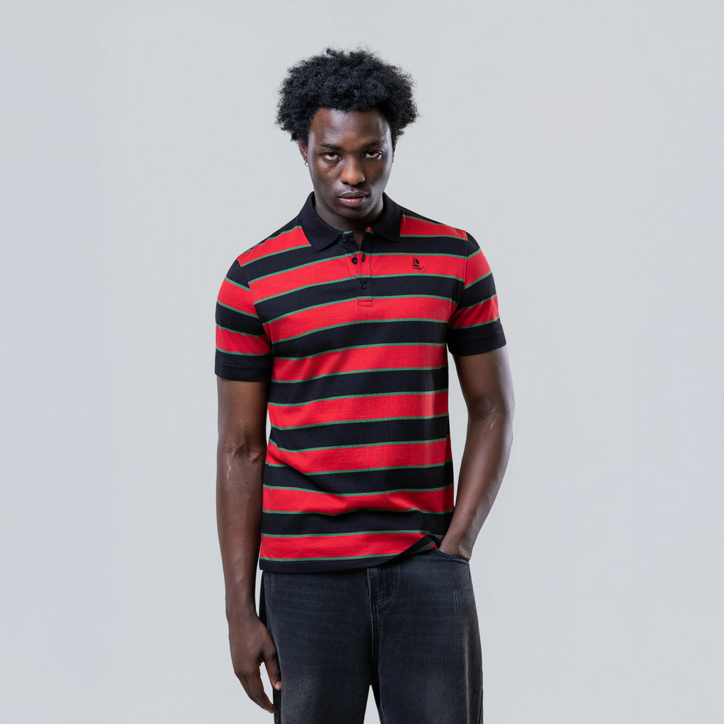 Men’s Striped Red Cotton Polo Shirt